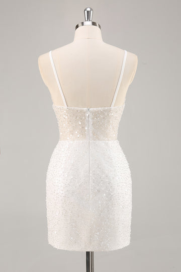White Bodycon V Neck Mini Graduation Dress With Sequins